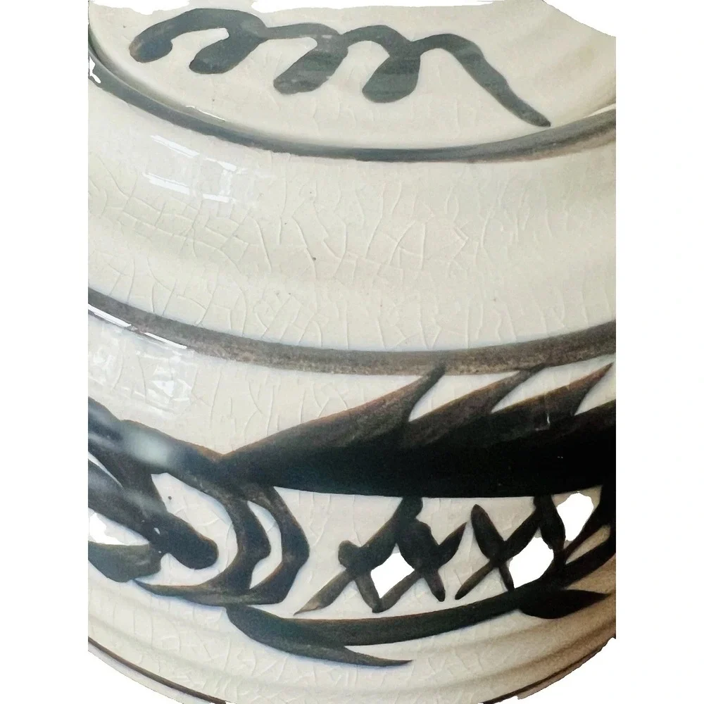 Vintage Hand Painted Fish Ceramic Teapot with Bamboo Handle Cream‎ Black Crackle